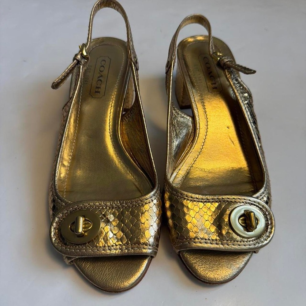 Coach Jacque Gold Snakeskin Python Slingback Block Heels A2560 Made in Italy